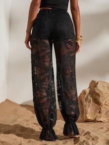 Opulessa 新款蕾丝灯笼裤，抽绳设计，优雅时尚，女士必备 - 黑色 - 查看 2