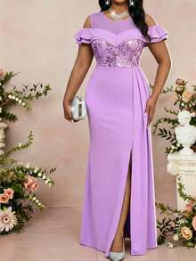 Fleurora Plus Size Women Elegant Purple Floral Sequin Patchwork Ruffle Off-Shoulder Dress,Summer Wedding Guest Chic Evening Formal Party Graduation Outfits - Purple - View 5