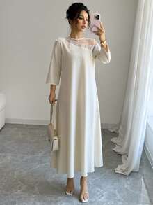 SHEIN PETITE Mid-Length Patchwork Mesh Trim Semi-Sheer Dress For Women - Apricot - View 4