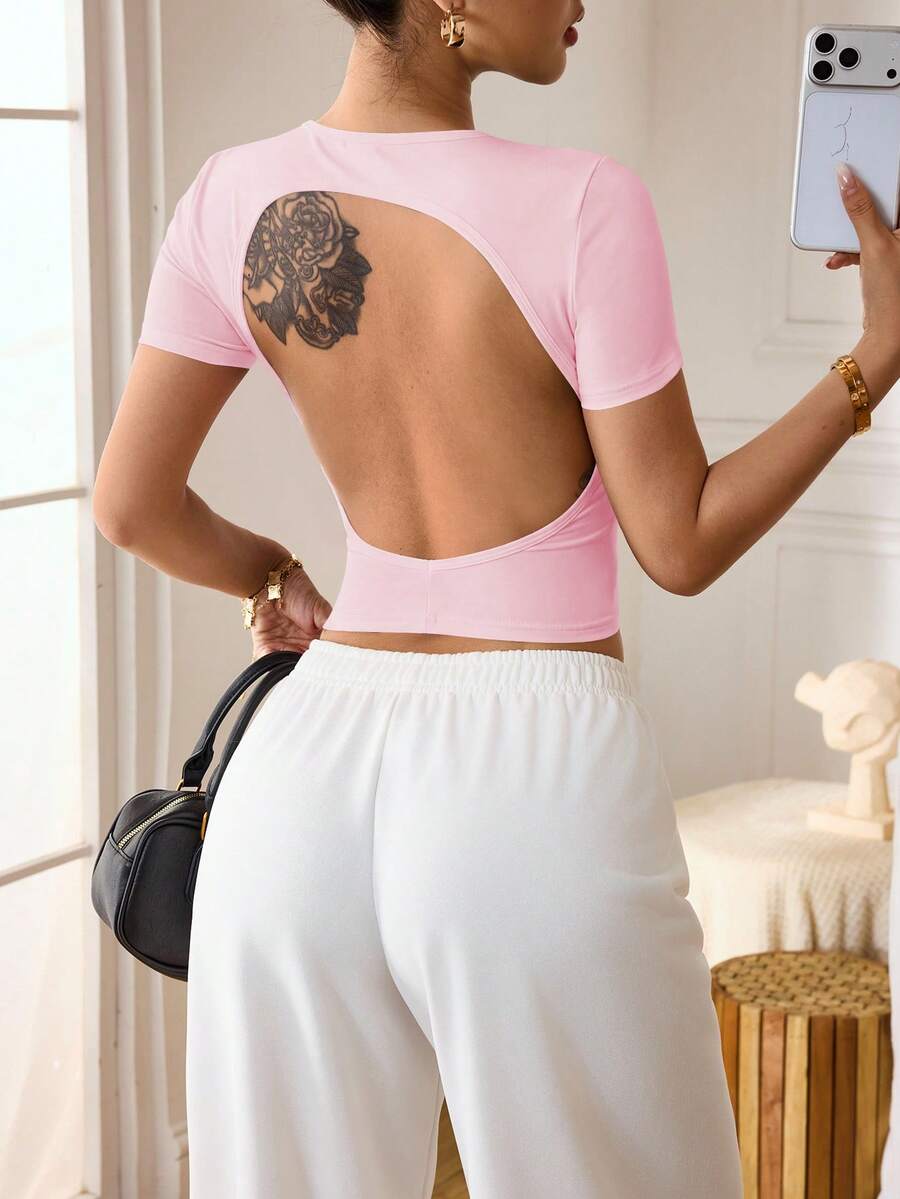 Slayform Black Sexy Backless Fitted Short Sleeve Round Neck Sports T-Shirt For Women, Suitable For Workout & Outdoor Activities Gym Outfit For Women Top Workout Clothes For Women Open Back Workout Top Gym Tops For Women Workout Tops Fitness Clothes Open Back Top Backless Gym Top Workout Tops For Women Gym Clothes Women Top Cute Gym Tops Open Back Shirts Quick Ship Items For Women Clothes Pilates Tops For Women - Pink - View 1