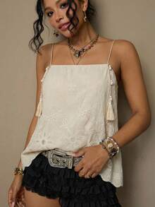Freevana Bohemian Beige Floral Embroidered Hollow-Out Camisole Top, Hollow Floral Pattern Cropped Tank, Shell Tassel Chain Decor, Vacation Style Slimming Elegant Spaghetti Strap - Beige - View 4