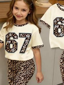 2pcs/Set Young Girl Casual Minimalist Numeric Print Round Neck Short Sleeve T-Shirt And Leopard Print Flare Pants, Suitable For Summer - Multicolor - View 4