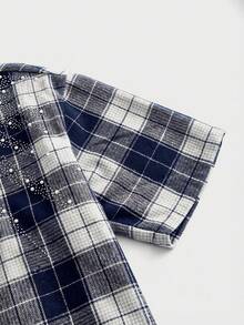 男士夏季休闲格子镶钻衬衫 - 藍色 - 查看 4