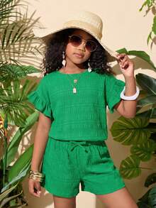 2pcs Tween Girls Casual Vacation Set: Short Sleeve Top & Elastic Waist Shorts - Green - View 5
