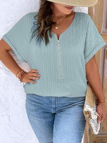 EMERY ROSE Plus Size Women's Solid Color Simple Daily Short Sleeve Shirt For New Year Clothes - Baby Blue - View 4