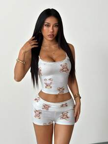 SHEIN PETITE 2pcs Cute Teddy Bear Bow Lace Detail Tank Top And Ruffle Trim Shorts Set For Women, Summer - White - View 10