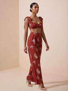 Zivah Vintage Embroidery Look Linen Fabric Tie-Up Bralette Crop Top And Long Pants 2-Piece Set For Women - Brown - View 5