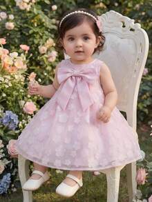 SHEIN Baby Girl Mandarin Collar Mesh Cutout Loose Casual Dress - Pink - View 9