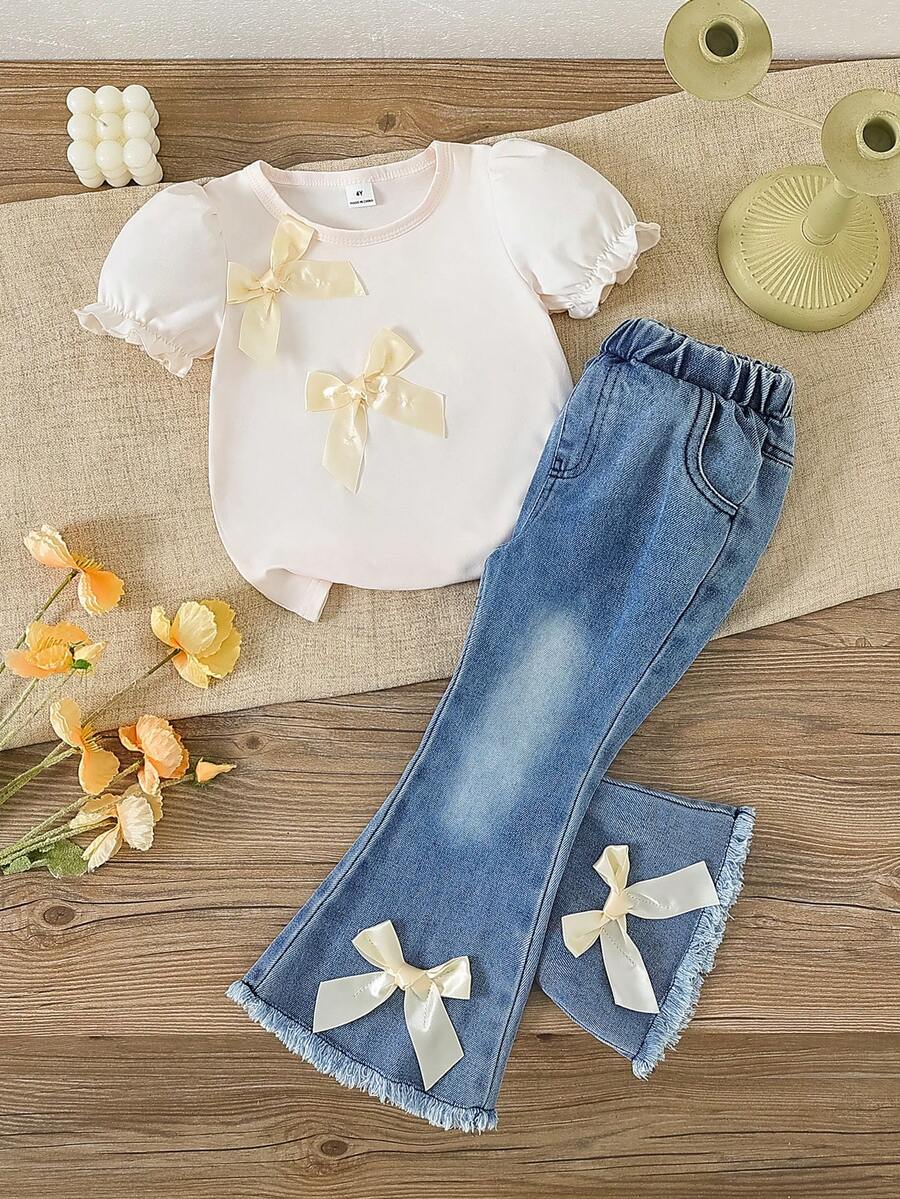 SHEIN Playful Pals 2件套 女童圆领短袖3D蝴蝶结灯笼袖T恤+弹力腰牛仔蓝阔腿裤 休闲时尚套装，夏季新品