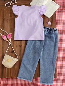 SHEIN 2026春夏女童柔软舒适面料时尚套装，SS26度假旅行必备，女童夏季两件套：短袖蝴蝶结上衣+牛仔裤，刺绣装饰甜美迷人，简约廓形舒适，适合外出、聚会、休闲等场合。 - 紫色 - 查看 4