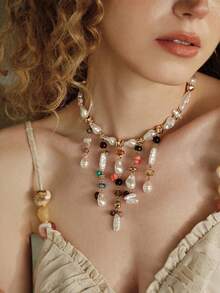 Opalesca Ladies Fashion Necklace, Premium/Elegant/Noble/Everyday/Minimalist, Pearl/Crystal, Summer/Beach/Prom/Party/Vacation/Vacation, Engagement/Wedding/Commitment, Bride, Heart/Floral, Fairy/Mermaid Style (Random Bead Color, Random Stone Shape) - Multicolor - View 1