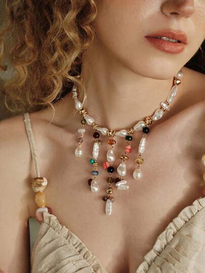 Opalesca Ladies Fashion Necklace, Premium/Elegant/Noble/Everyday/Minimalist, Pearl/Crystal, Summer/Beach/Prom/Party/Vacation/Vacation, Engagement/Wedding/Commitment, Bride, Heart/Floral, Fairy/Mermaid Style (Random Bead Color, Random Stone Shape)