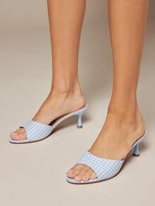 SHUZIA Giày sandal cao gót mũi nhọn thoải mái cho nữ, màu xanh kẻ caro, chất liệu vải. - Màu xanh lam - Xem 2