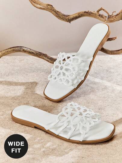 SHUZIA Women's Modern Square Toe Artistic Hollow Design Vegan Leather Off White Slides – Sleek, Minimalist & Effortlessly Chic For Any Occasion.