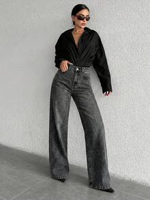 ZIRRA 女士休闲日常通勤时尚街头高腰宽松阔腿牛仔裤 - 灰色 - 查看 3