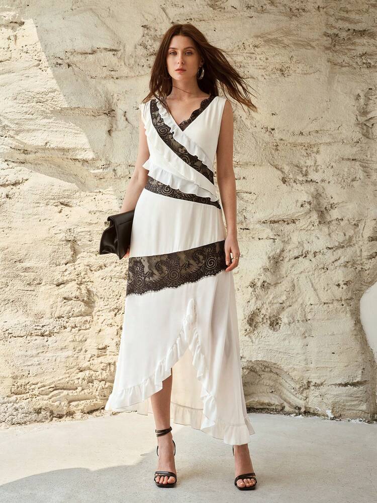 V-NECK COLORBLOCK LACE PATCHWORK DRESS, ELEGANT & ROMANTIC, SPRING/SUMMER