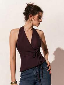 Poéselle 女士纯色腰带时尚吊带背心 - 咖啡棕 - 查看 6