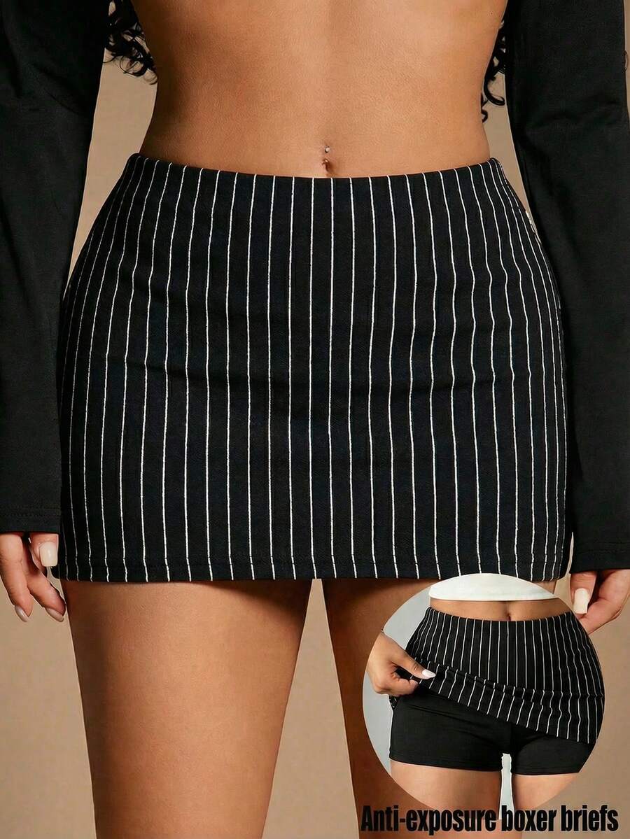 Radiana 女士性感优雅极简黑色条纹修身低腰铅笔裙，低腰迷你裙，黑色低腰裙，黑色裙子，条纹裙，适合夜晚、约会、聚会、派对、鸡尾酒会、俱乐部、音乐会、办公室、通勤、日常外出等场合。 - 黑色 - 查看 1