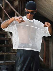 PAVTROS Áo thun nam tay ngắn cổ tròn, màu trơn, khoét lỗ, dáng rộng - trắng - Xem 3