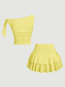 SHEIN Sweetro Women's Summer Metal Flower Decor Asymmetric-Shoulder Top And Pleated Layered Skirt Set - Yellow - View 2
