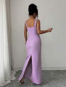 Elenzga Gaun Elegan Romantis Pas Badan Tanpa Lengan, Leher Persegi, Ikat Pinggang, Dekorasi Mutiara & Berlian Imitasi, Cocok untuk Pesta dan Pernikahan - Mauve Purple - View 2