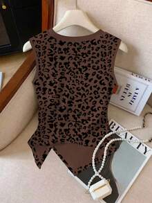 Resyla Women's Spring/Summer New Arrival Leopard Print Round Neck Asymmetrical Hem Fitted Camisole - Multicolor - View 2