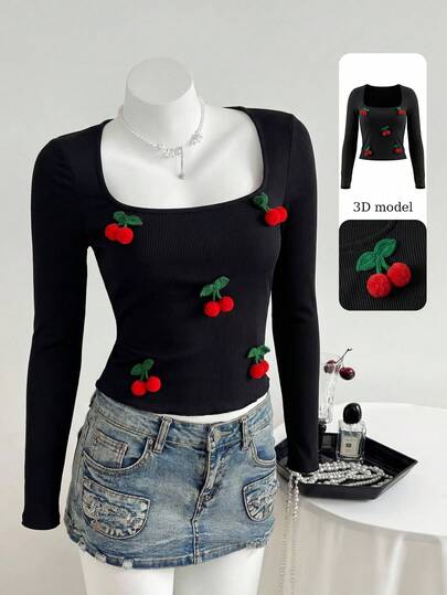 Modelyn 女士黑色针织休闲浪漫上衣，饰有3D樱花贴花，春夏款