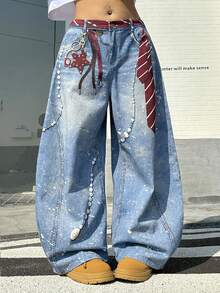 Muchica 大码女式系带口袋阔腿宽松休闲百搭牛仔裤 - 藍色 - 查看 3