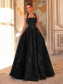 Glamrae Rochie elegantă, romantică, la modă, din material jacquard negru, rochie de seară formală, rochie de seară elegantă, rochie de mireasă, rochie de seară formală, rochie de seară elegantă, rochie de mireasă de onoare - Negru - Vizualizare 5