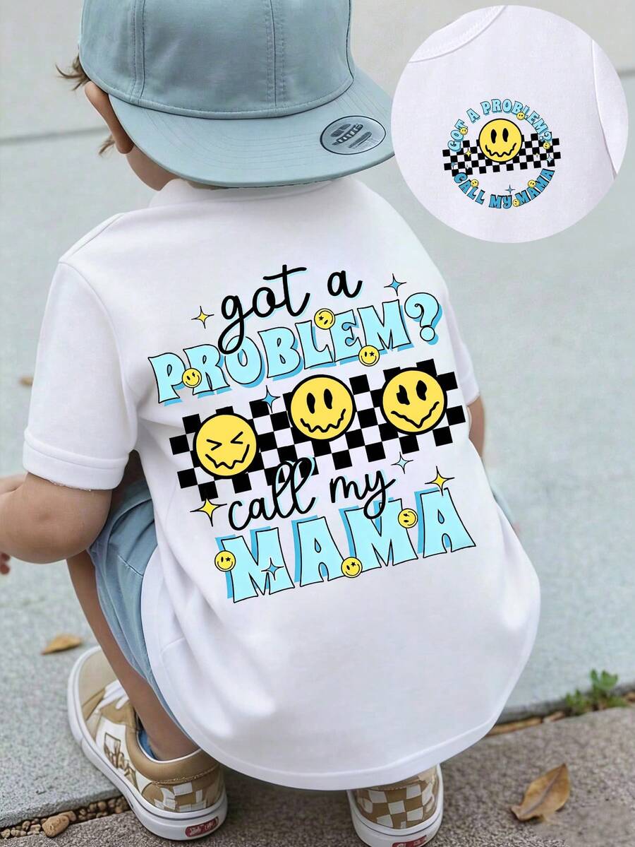 Playful Pals 白色夏季可愛城市度假男嬰休閒時尚卡通臉星星格紋字母圖案印花舒適短袖T恤 - 白色 - 查看 1