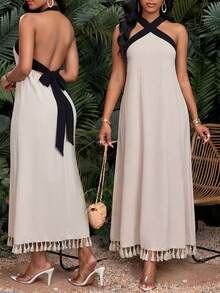 SHEIN Lady فستان نسائي كاجوال للعطلات بتصميم ظهر مكشوف وحاشية شراشيب ذو لون متباين - متعدد الألوان - مشاهدة 8