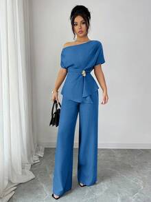 Elegante y urbano conjunto de primavera/verano para mujer con pantalón ancho de una sola manga con hebilla metálica en la cintura, adecuado para uso diario, bodas, galas, ir al traba - Azul lavado medio - Ver 5