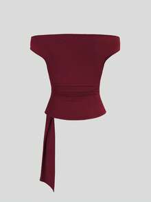 Sweetra New Spring/Summer Women's Design-Focused High Street Chic Layered Vintage Texture Minimalist Fitted Asymmetric Neckline Brown T-Shirt Top - Red - View 3