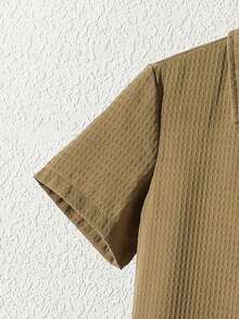 Tween Boy Solid Color Single-Breasted Short Sleeve Shirt And Shorts Casual Daily Outfit - Camel - View 5