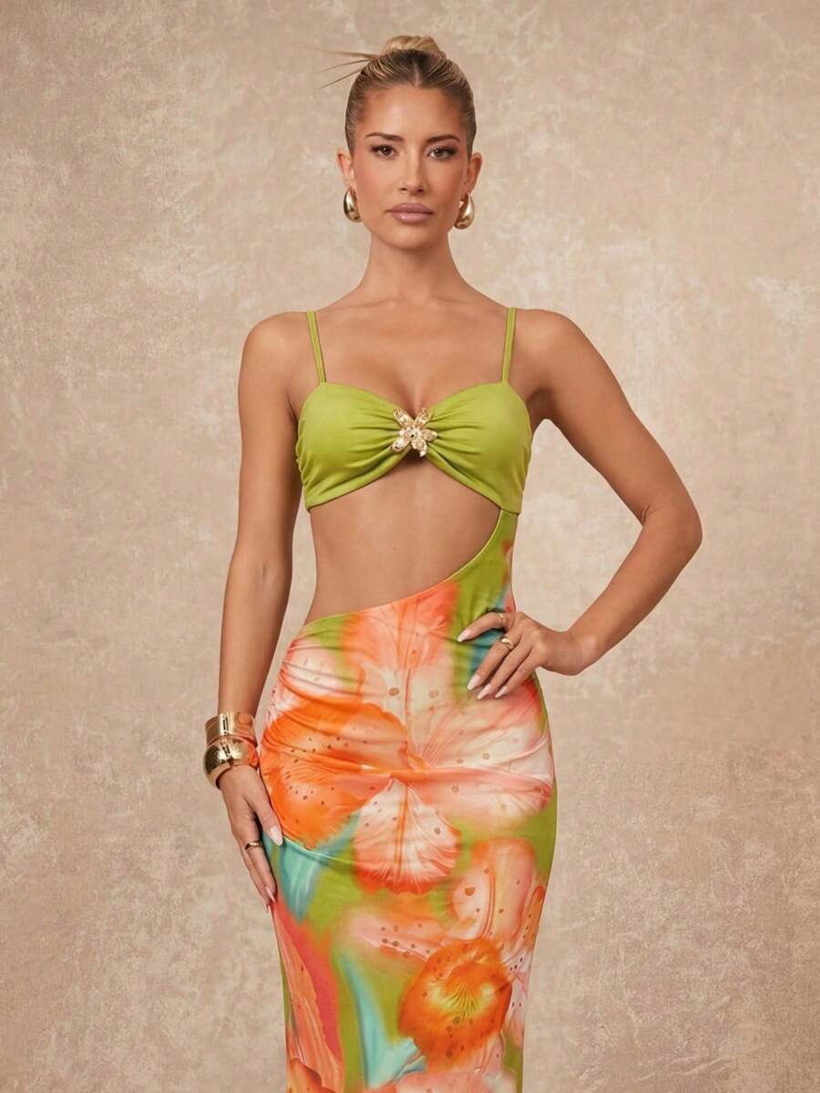 Lumalex Lime Green Summer 70s Party Vacation Holiday Women's Floral Camisole Asymmetrical Midriff-Baring Metal Decor Mesh Dress For Prom,Wedding,Beach,Vacay