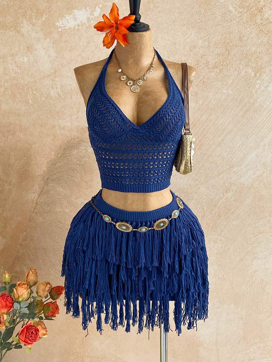 Soleia Bộ đồ 2 mảnh dành cho nữ gồm áo crop top cổ chữ V buộc dây sau lưng và chân váy ngắn tua rua, thích hợp cho tiệc tùng, Giáng sinh, hẹn hò, hộp đêm, phong cách Bohemian, Boho, kỳ nghỉ, mùa thu. - Màu xanh hải quân - Xem 1