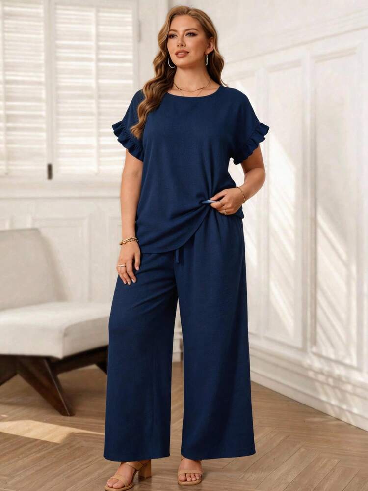 Plus Size Women's Blouse With Raglan Sleeves, Ruffle Trim And Drawstring Waist Pants 2 Piece Set, Bohemian Casual Outfit Suitable For Spring/Summer Bohemian  Blue Jumpsuit For Women, Summer Outfits