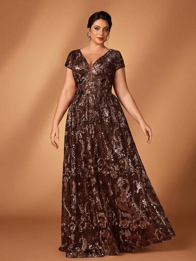 Serin Đầm dạ hội cỡ lớn, sang trọng, màu cà phê, đính cườm, thêu họa tiết, tay loe, cổ chữ V, phù hợp cho mọi dịp trang trọng, đầm dành cho mẹ cô dâu.