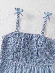 SHEIN Sparklyn Teen Girls' Romper, Elegant Casual Holiday, Spaghetti Strap Snug Fit Fitted Blue Woven Shorts, Spring/Summer, Suitable For Outdoor Holiday Wear - Blue and White - View 7