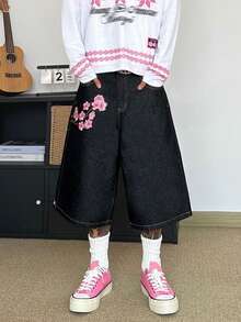 STEELVANCE Quần short denim ống rộng dáng suông, thiết kế độc đáo, thêu hoa, phong cách cổ điển, thích hợp cho mùa hè. - màu đen - Xem 3