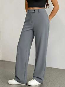 SHEIN Tall Quần nữ dáng suông rộng, màu trơn, khóa kéo, kiểu dáng tối giản, thích hợp mặc hàng ngày. - Màu Xám nhạt - Xem 6