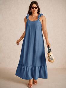 Elaquor Plus Size Casual Lace Trim Loose A-Line Dress - Navy Blue - View 2