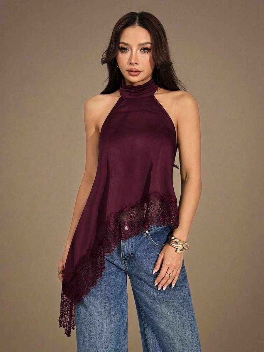 SHEIN PETITE 女士蕾丝拼接不对称下摆休闲百搭日常上衣 - 紫紅色 - 查看 1