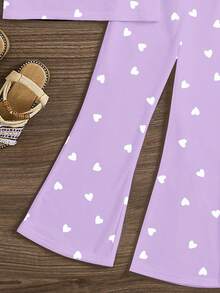 紫色甜心印花，情人节少女休闲简约圆领短袖T恤和喇叭裤两件套，适合夏季穿着 - 彩色 - 查看 6