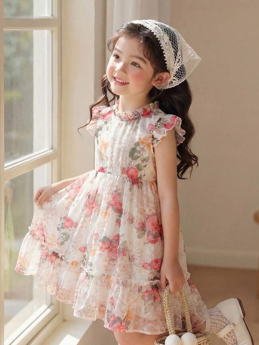 Genkimix Kids Đầm không tay xếp ly in hoa hồng mùa xuân/hè 2025 cho bé gái, khóa kéo phía sau, kiểu dáng công chúa dễ thương và ngọt ngào, đa năng cho mặc hàng ngày. - Hồng - Xem 1