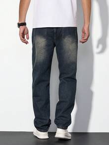 Chillumni Men's Vintage Washed Straight Leg Casual Jeans - Medium Wash - View 2