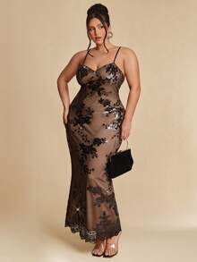 SHEIN BAE Plus Size Women's Elegant Black Summer Floral Sequin Maxi Dress,Sheer Mesh Lace Spaghetti Strap Evening Gown,Night Out Club Party Special Occasion - Black - View 3