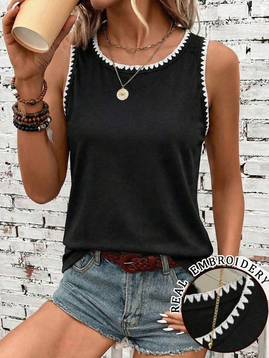 SHEIN LUNE Áo tank top nữ kiểu dáng tối giản, thêu hoa, thích hợp mặc mùa hè. - màu đen - Xem 1