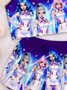 SHEIN 2件套少女时尚K-POP女团字母星星印花套装，彩色卡通人物印花，扎染工艺，韩流粉丝礼物，男女童装，吊带背心和短裤夏季套装 - 彩色 - 查看 6