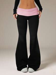 SHEIN PETITE Contrast Color Fold Waist Flare Pants - Black - View 7
